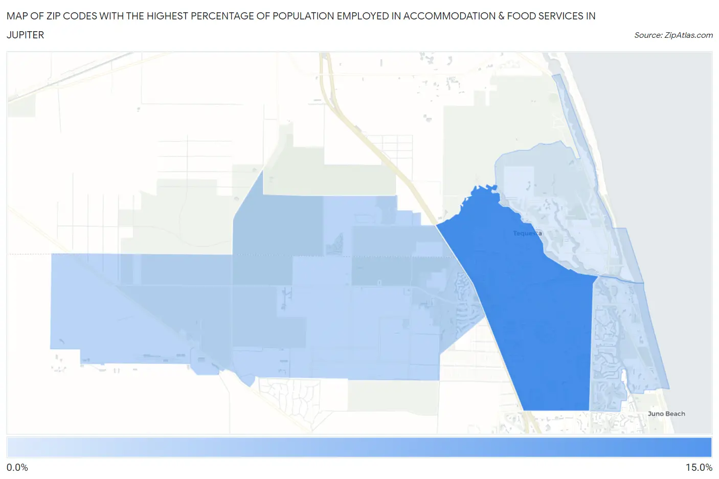 Zip Codes with the Highest Percentage of Population Employed in Accommodation & Food Services in Jupiter Map