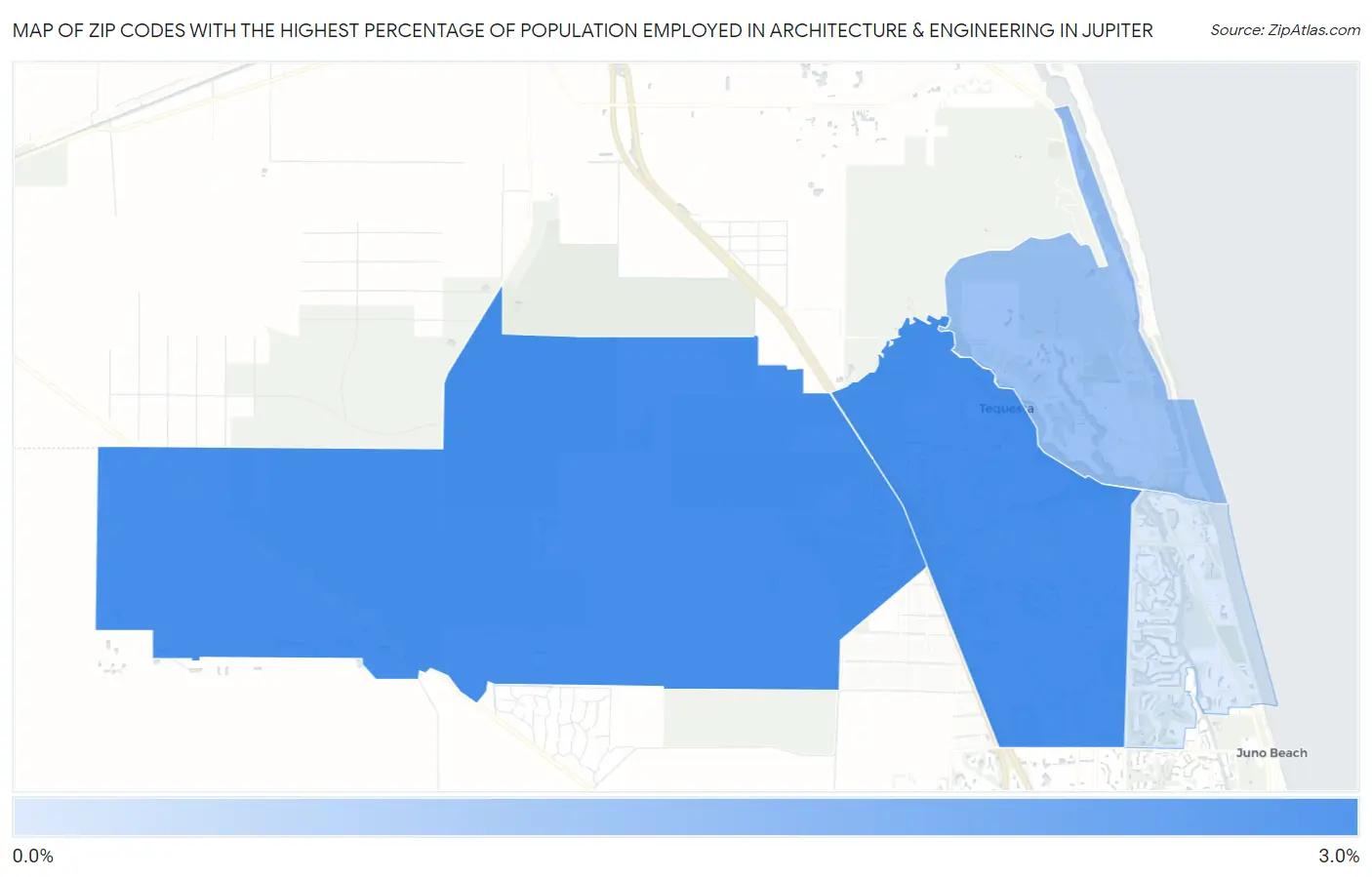 Zip Codes with the Highest Percentage of Population Employed in Architecture & Engineering in Jupiter Map