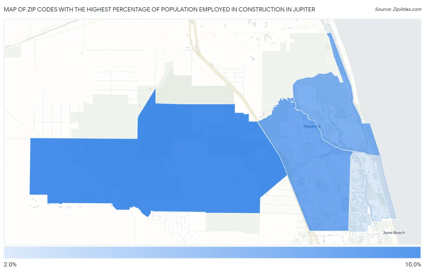 Zip Codes with the Highest Percentage of Population Employed in Construction in Jupiter Map