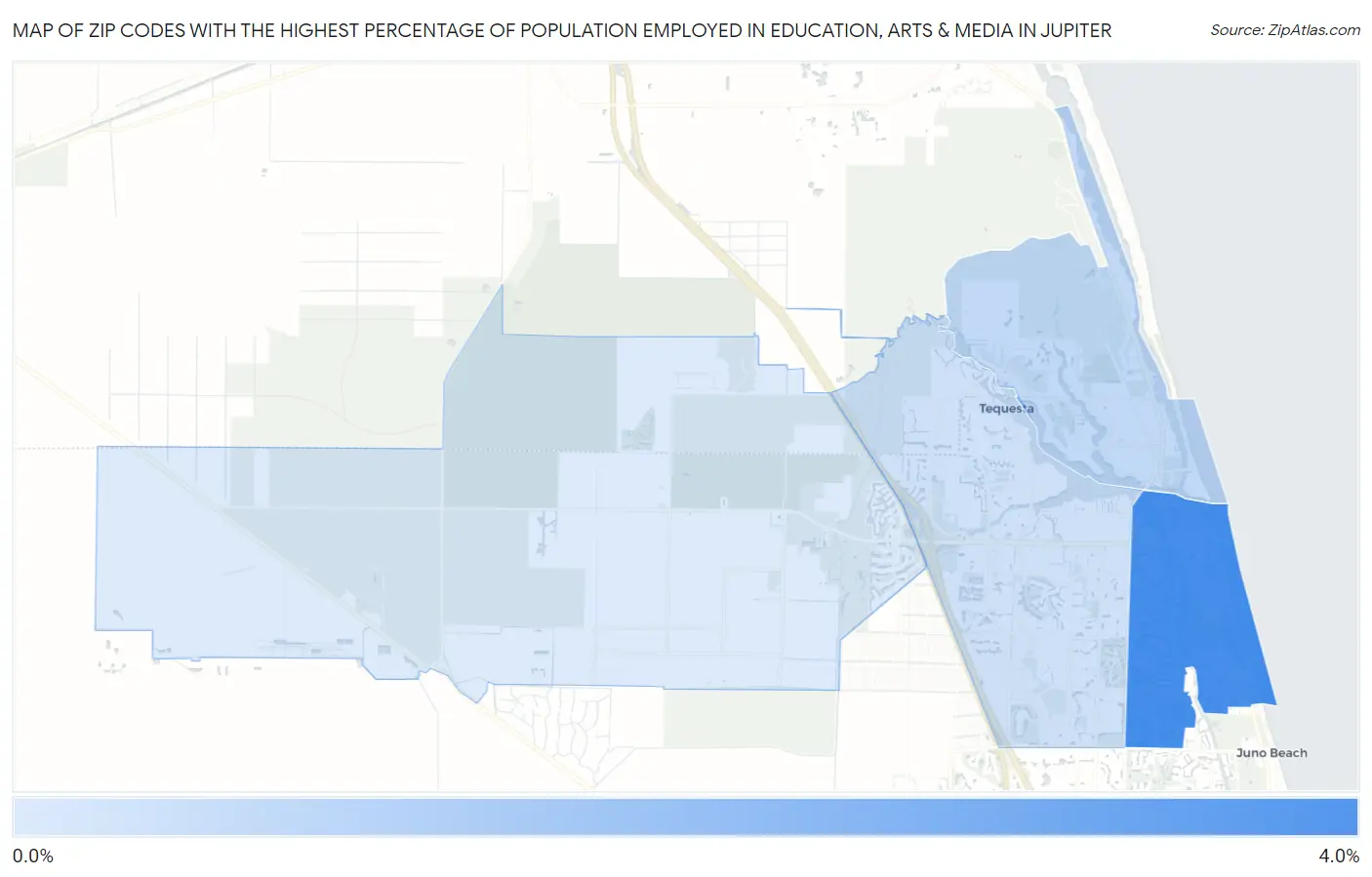 Zip Codes with the Highest Percentage of Population Employed in Education, Arts & Media in Jupiter Map