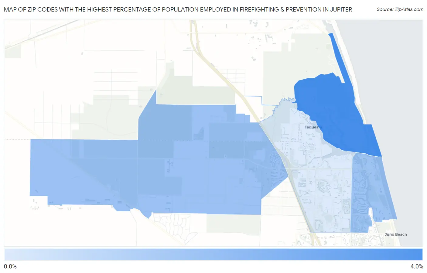 Zip Codes with the Highest Percentage of Population Employed in Firefighting & Prevention in Jupiter Map