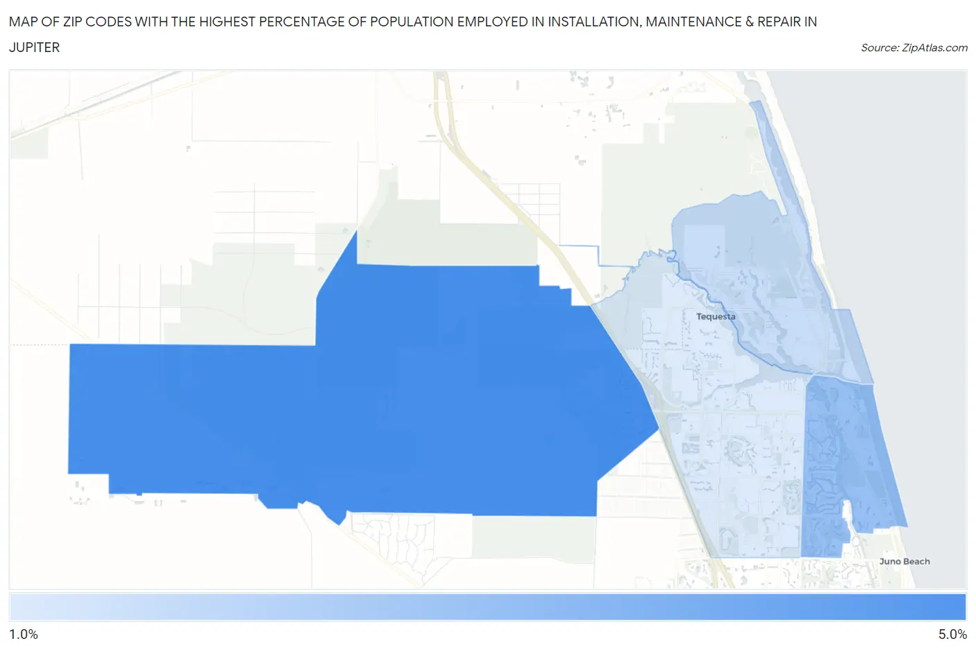 Zip Codes with the Highest Percentage of Population Employed in Installation, Maintenance & Repair in Jupiter Map
