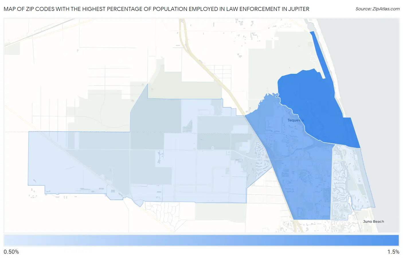 Zip Codes with the Highest Percentage of Population Employed in Law Enforcement in Jupiter Map