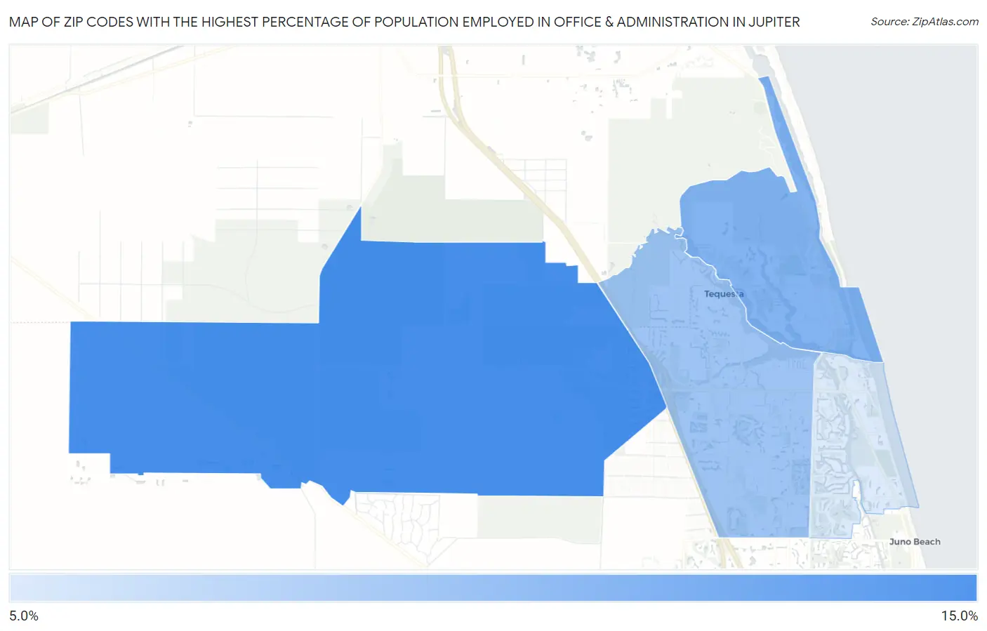 Zip Codes with the Highest Percentage of Population Employed in Office & Administration in Jupiter Map