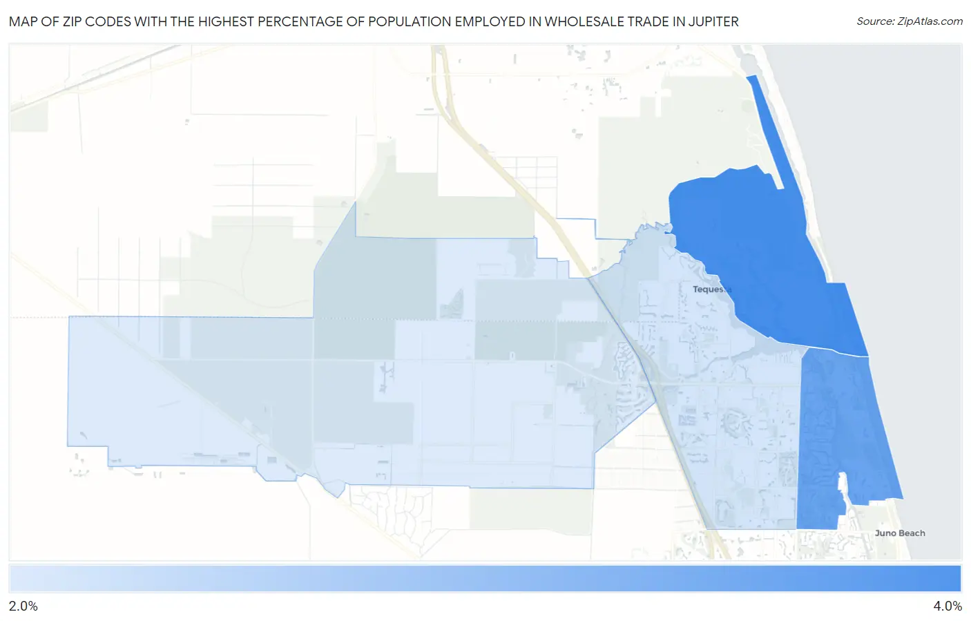 Zip Codes with the Highest Percentage of Population Employed in Wholesale Trade in Jupiter Map