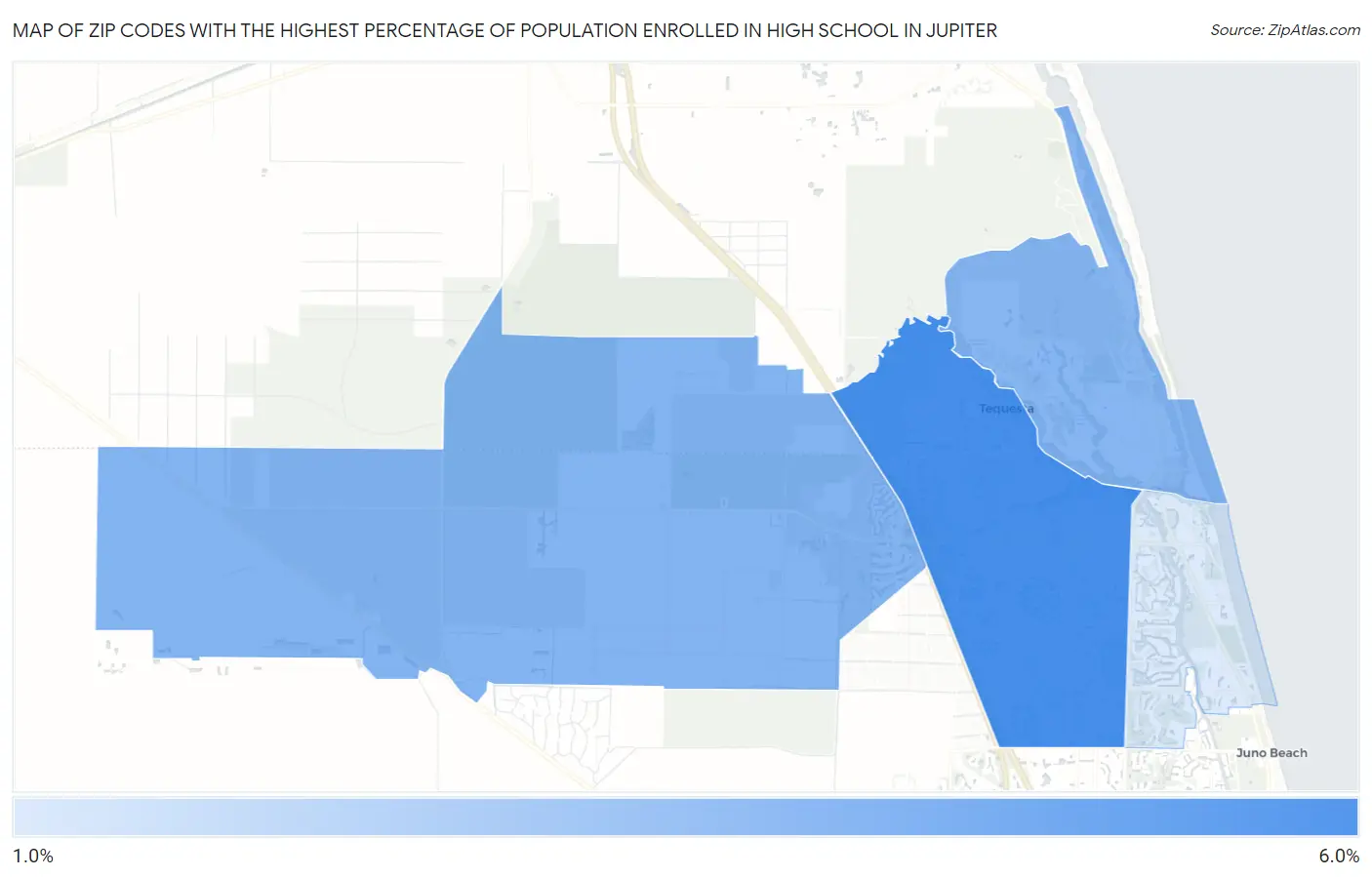 Zip Codes with the Highest Percentage of Population Enrolled in High School in Jupiter Map