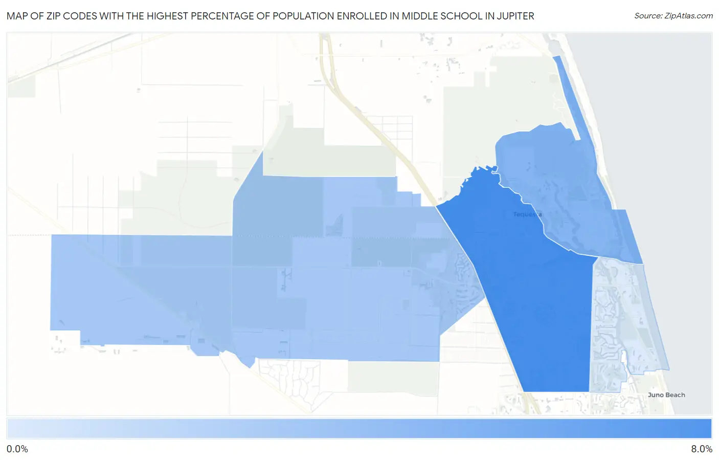 Zip Codes with the Highest Percentage of Population Enrolled in Middle School in Jupiter Map