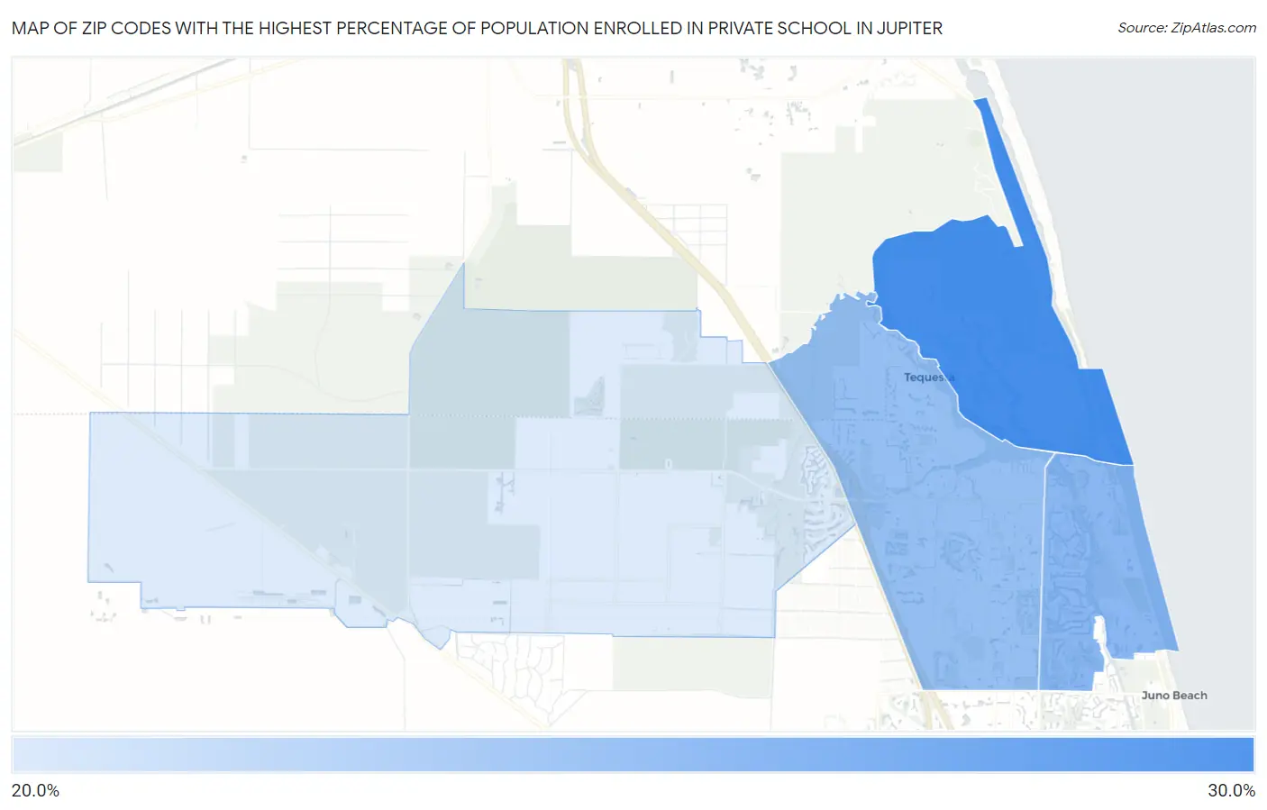 Zip Codes with the Highest Percentage of Population Enrolled in Private School in Jupiter Map