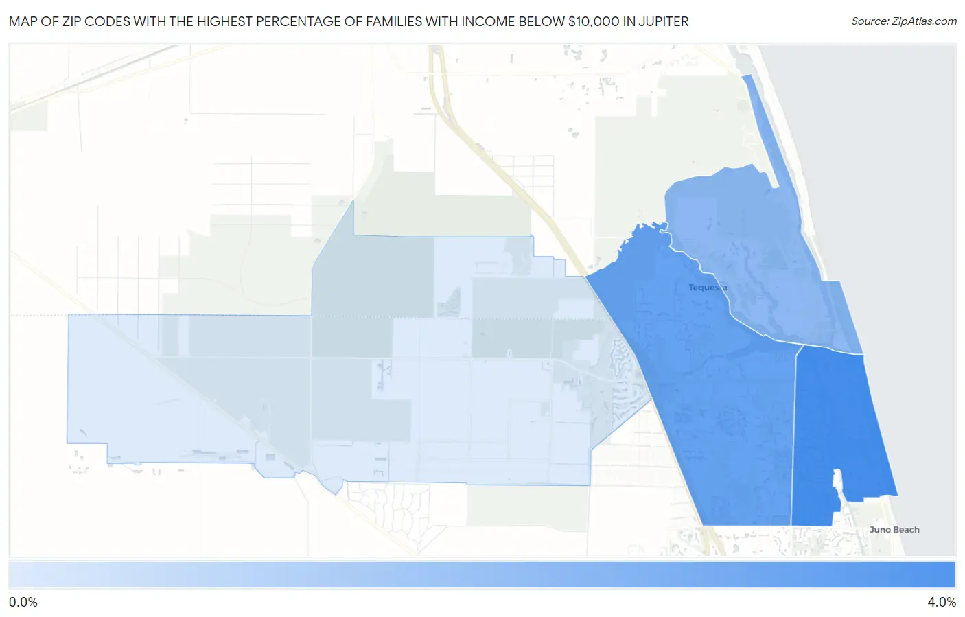 Zip Codes with the Highest Percentage of Families with Income Below $10,000 in Jupiter Map