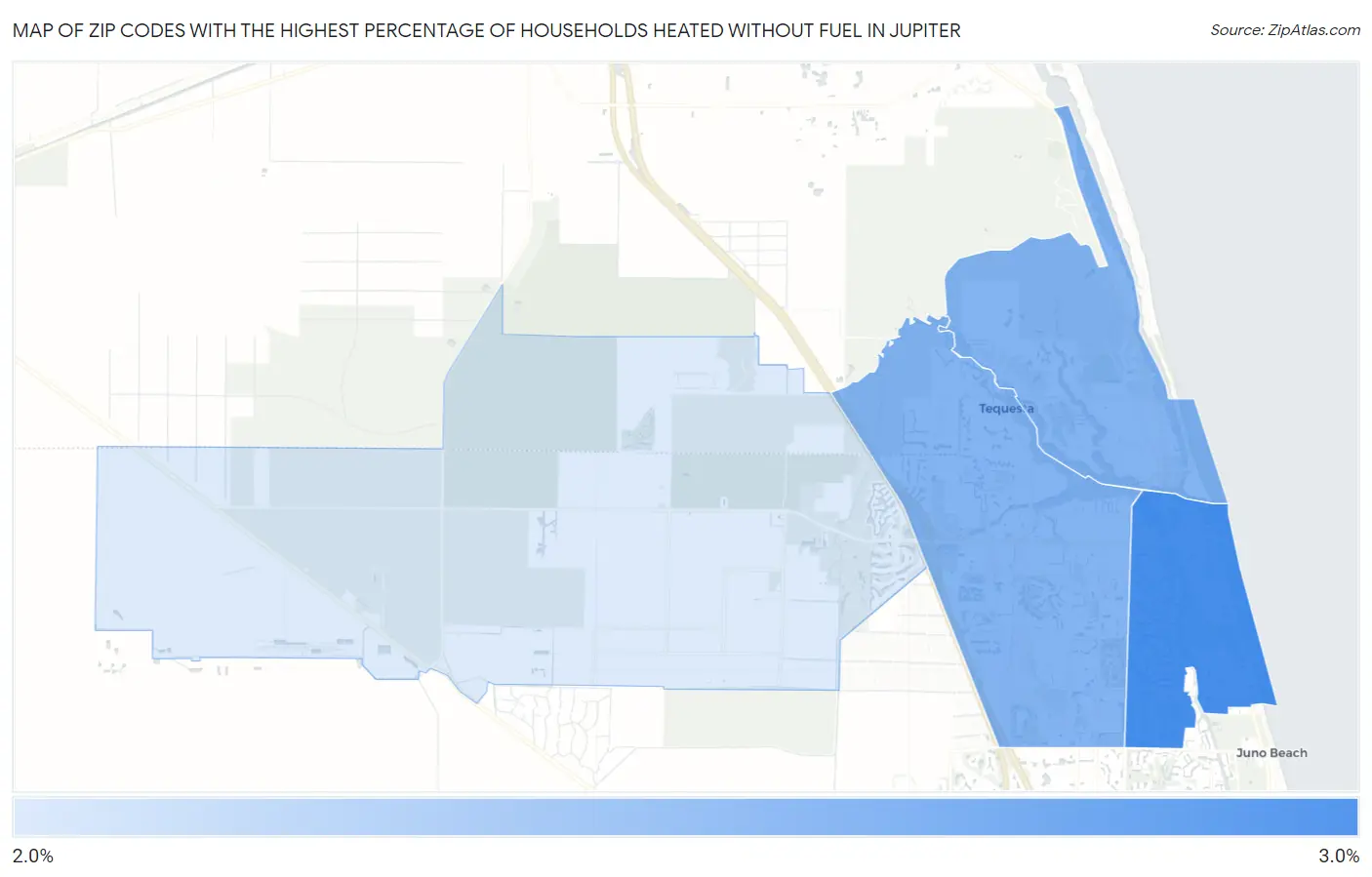 Zip Codes with the Highest Percentage of Households Heated without Fuel in Jupiter Map