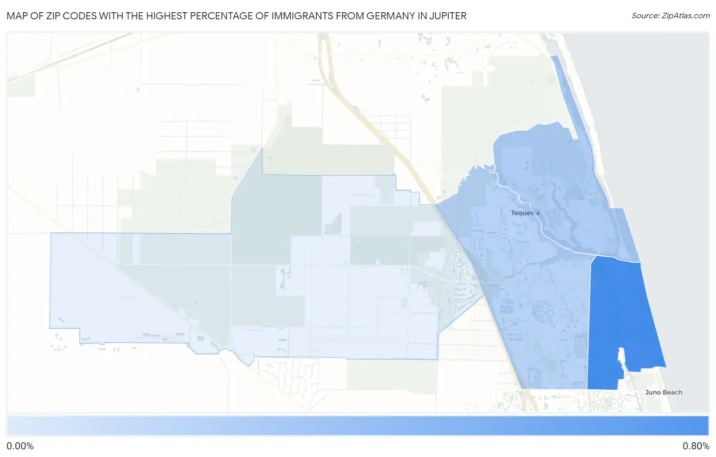 Zip Codes with the Highest Percentage of Immigrants from Germany in Jupiter Map