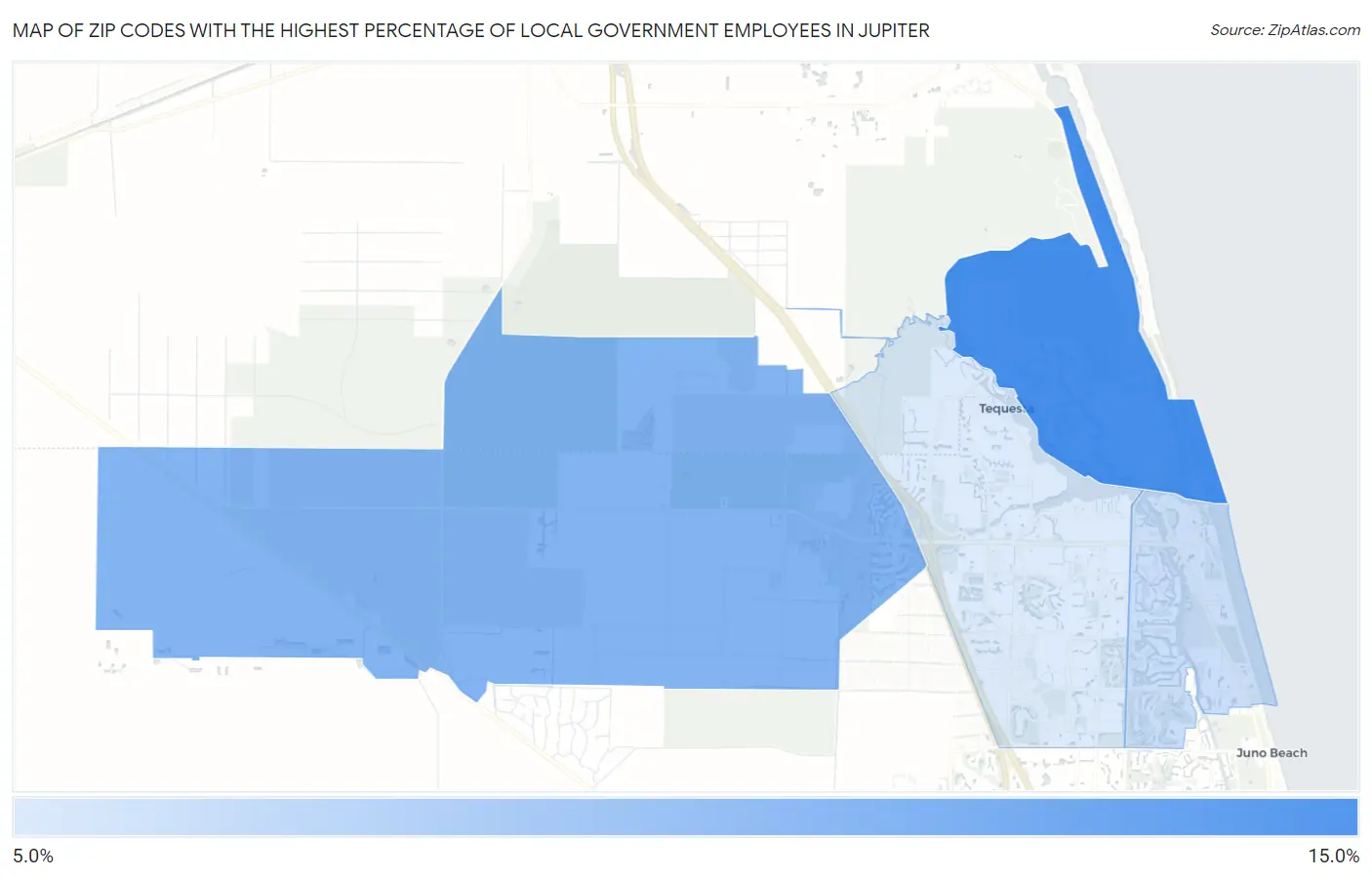 Zip Codes with the Highest Percentage of Local Government Employees in Jupiter Map