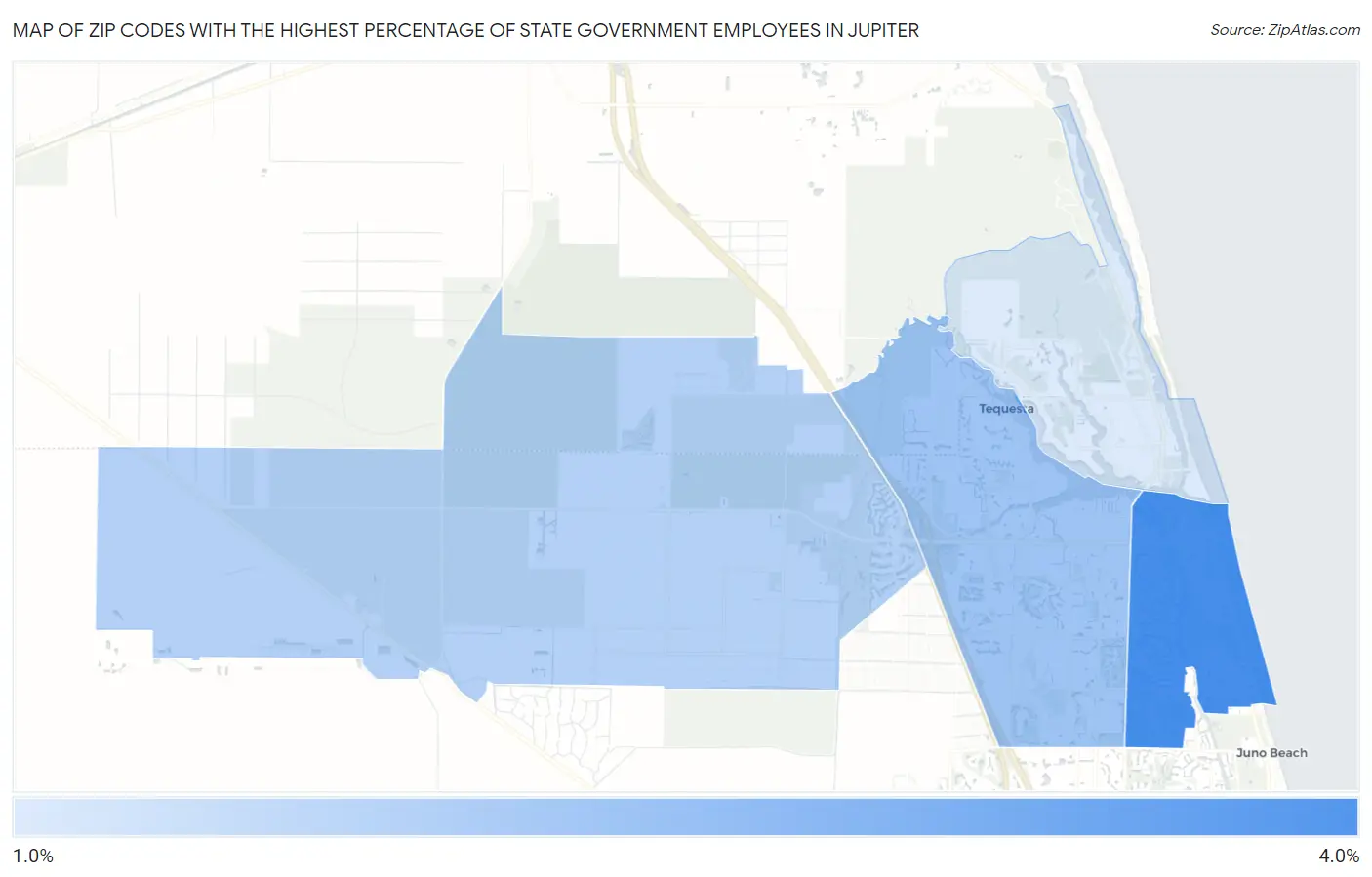 Zip Codes with the Highest Percentage of State Government Employees in Jupiter Map