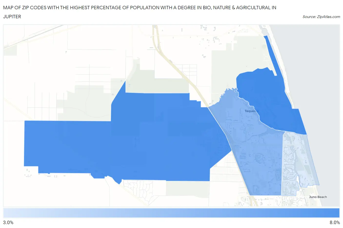 Zip Codes with the Highest Percentage of Population with a Degree in Bio, Nature & Agricultural in Jupiter Map