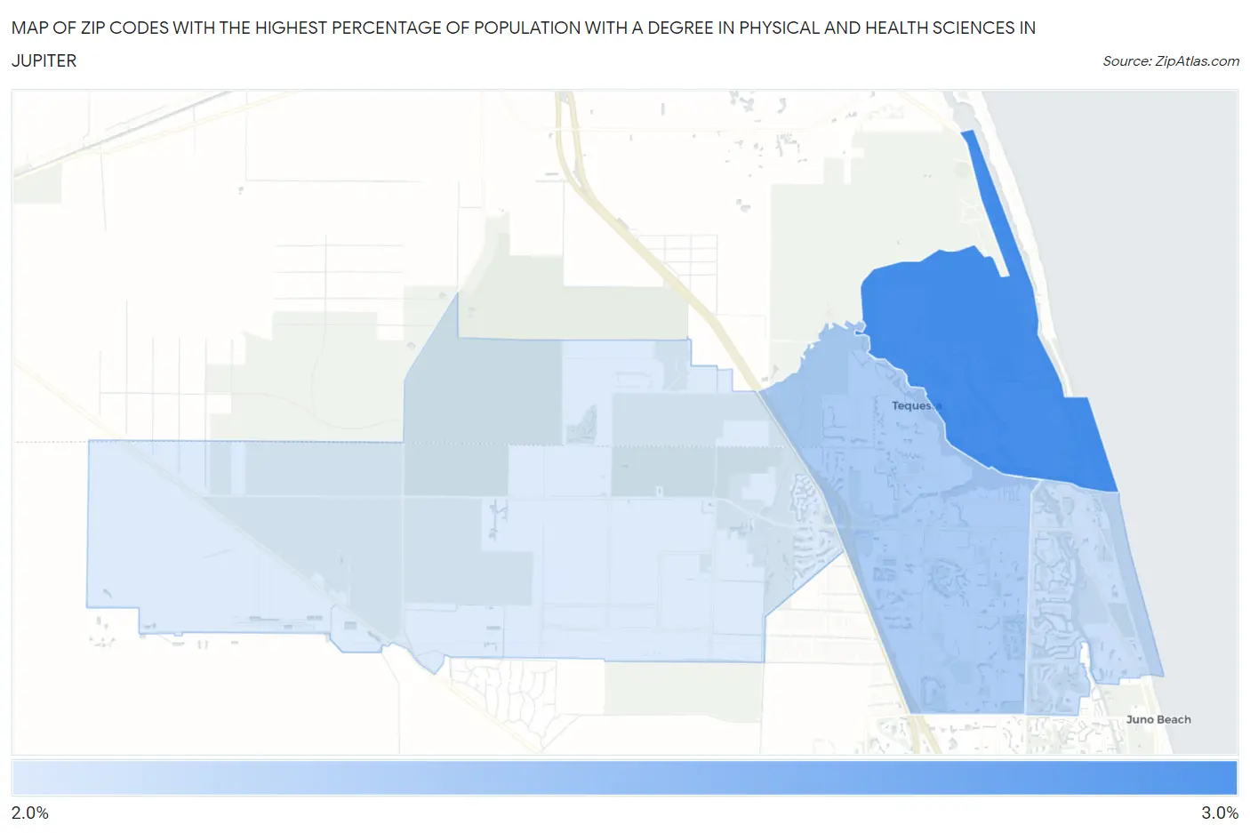 Zip Codes with the Highest Percentage of Population with a Degree in Physical and Health Sciences in Jupiter Map
