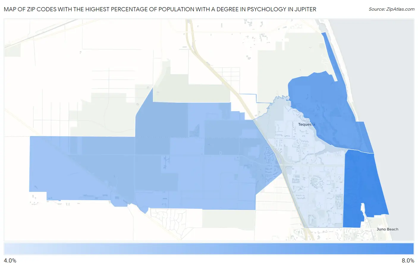 Zip Codes with the Highest Percentage of Population with a Degree in Psychology in Jupiter Map