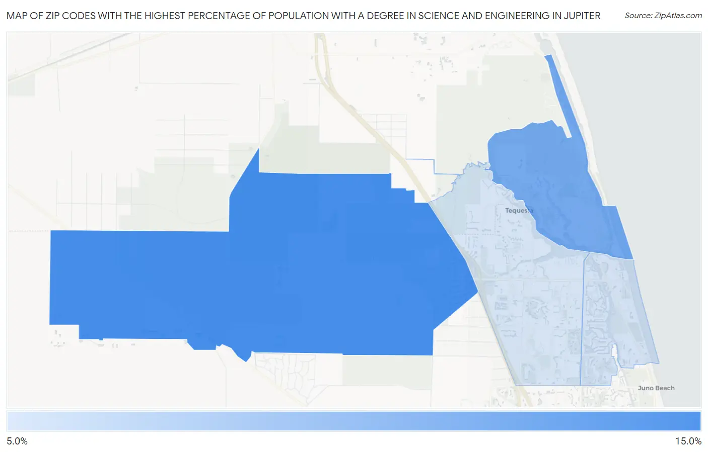 Zip Codes with the Highest Percentage of Population with a Degree in Science and Engineering in Jupiter Map