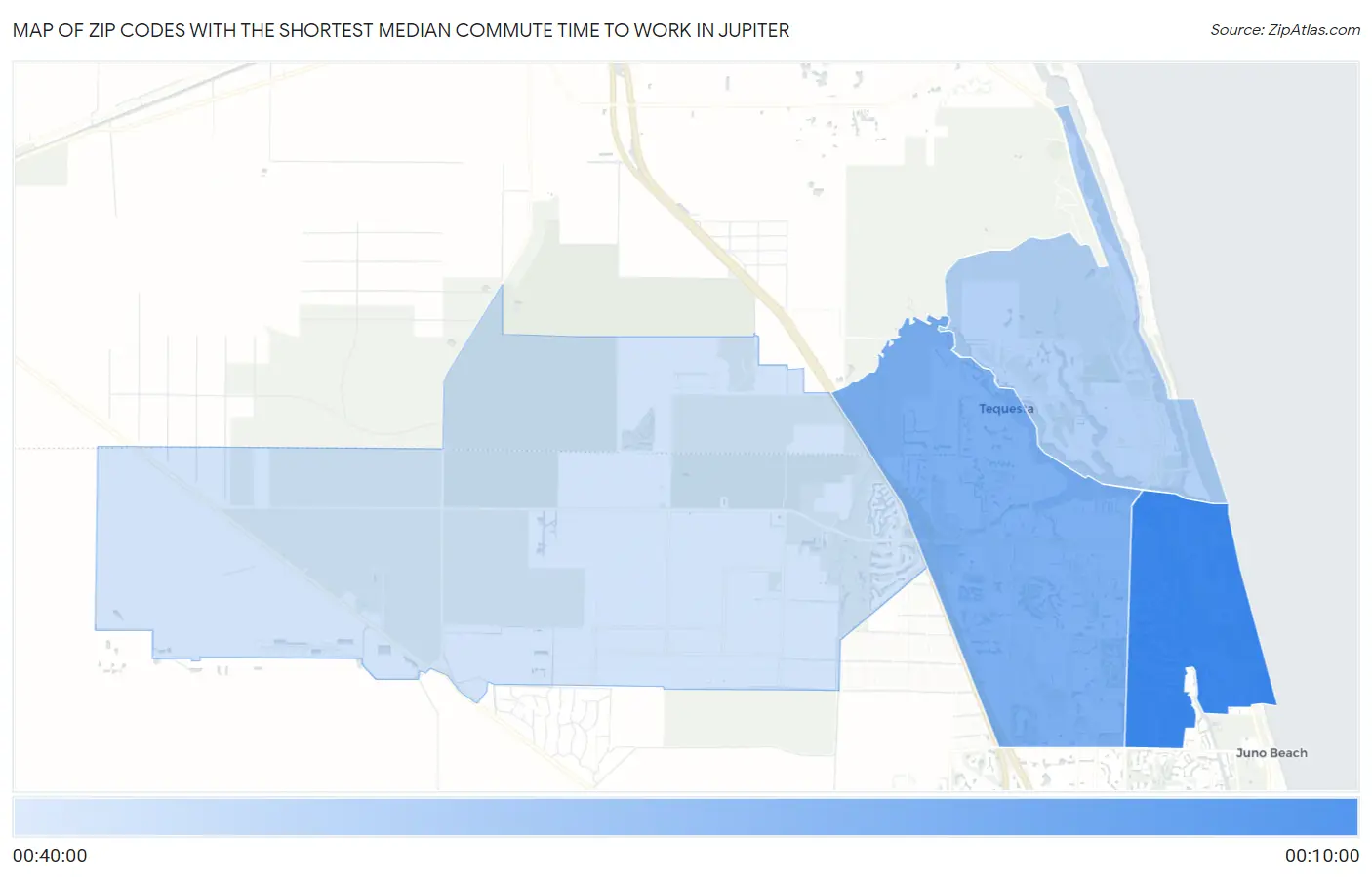 Zip Codes with the Shortest Median Commute Time to Work in Jupiter Map