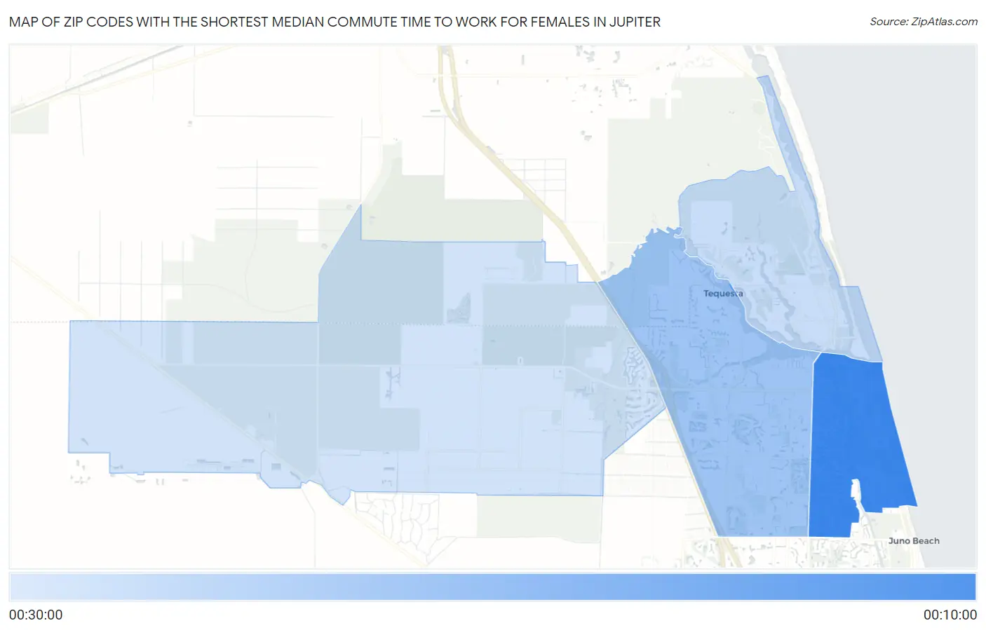 Zip Codes with the Shortest Median Commute Time to Work for Females in Jupiter Map