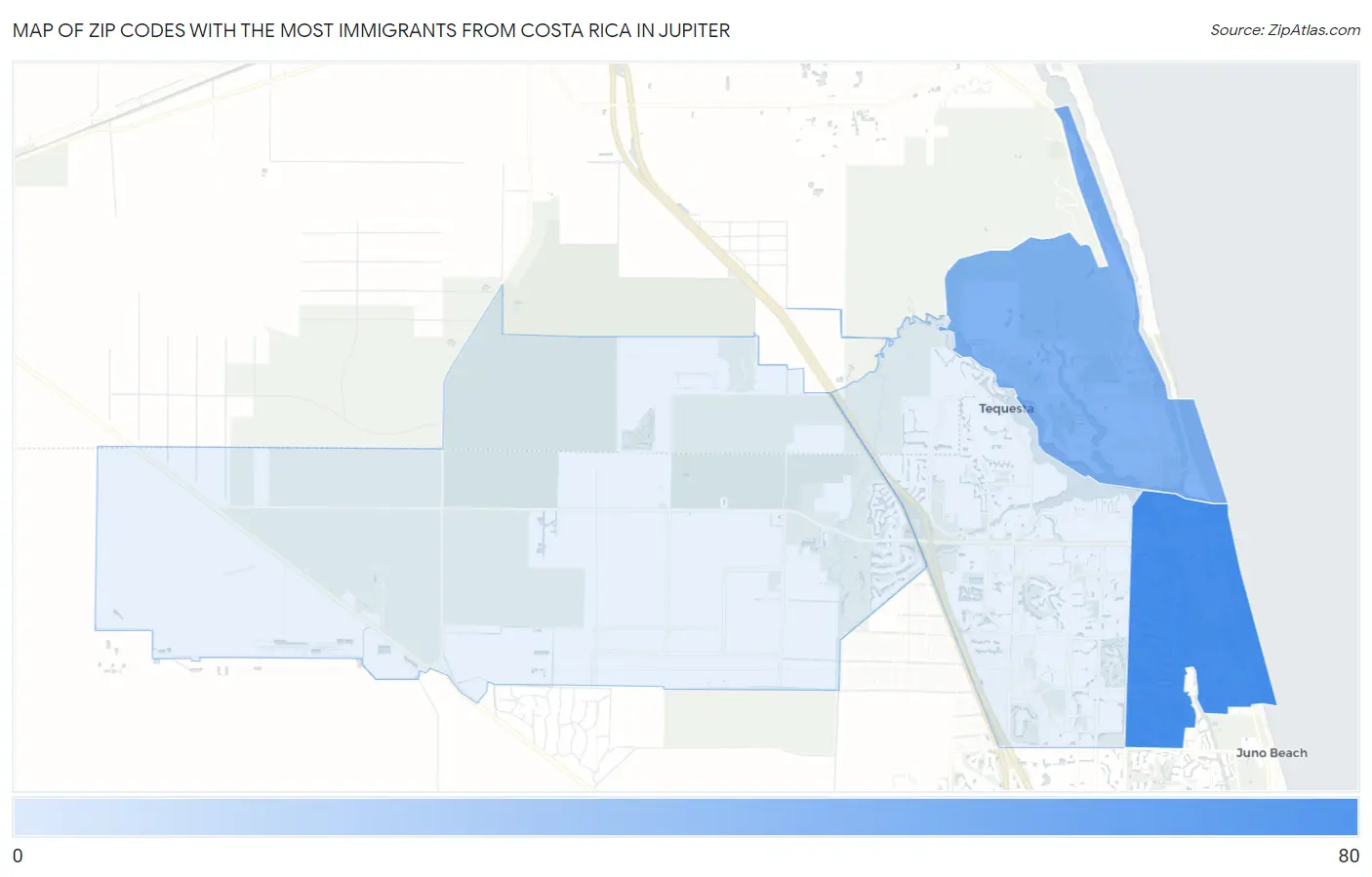 Zip Codes with the Most Immigrants from Costa Rica in Jupiter Map