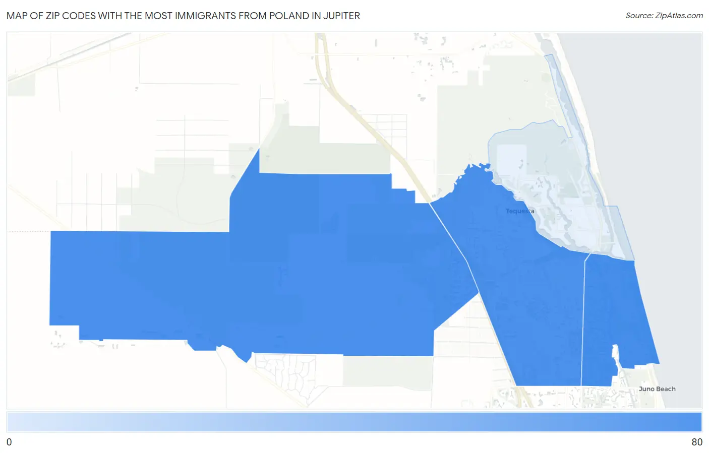Zip Codes with the Most Immigrants from Poland in Jupiter Map