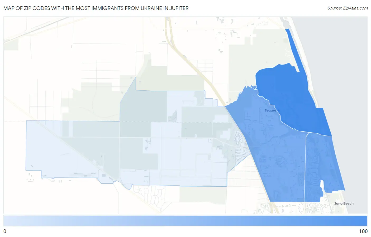 Zip Codes with the Most Immigrants from Ukraine in Jupiter Map