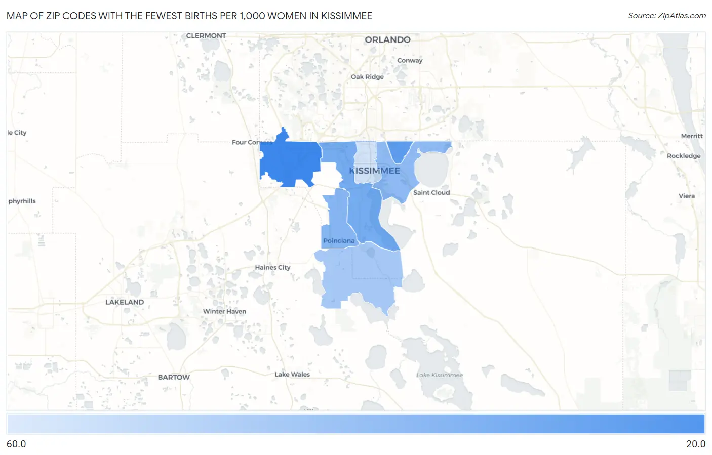 Zip Codes with the Fewest Births per 1,000 Women in Kissimmee Map