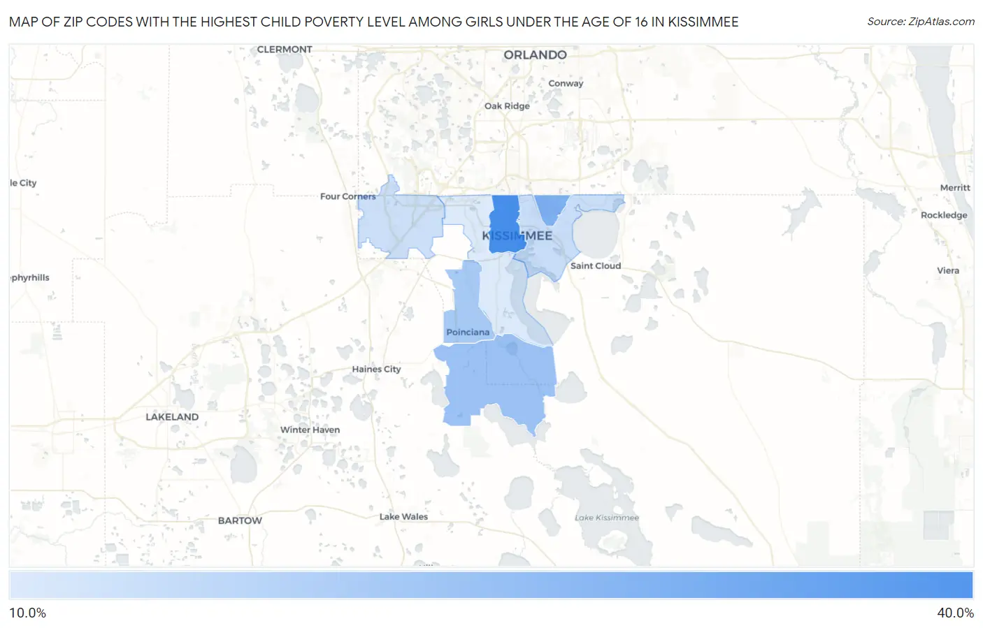 Zip Codes with the Highest Child Poverty Level Among Girls Under the Age of 16 in Kissimmee Map
