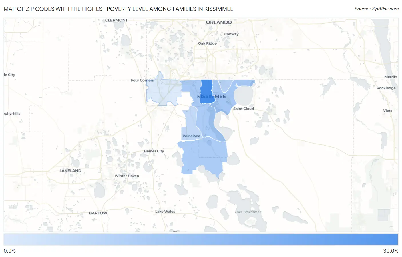 Zip Codes with the Highest Poverty Level Among Families in Kissimmee Map