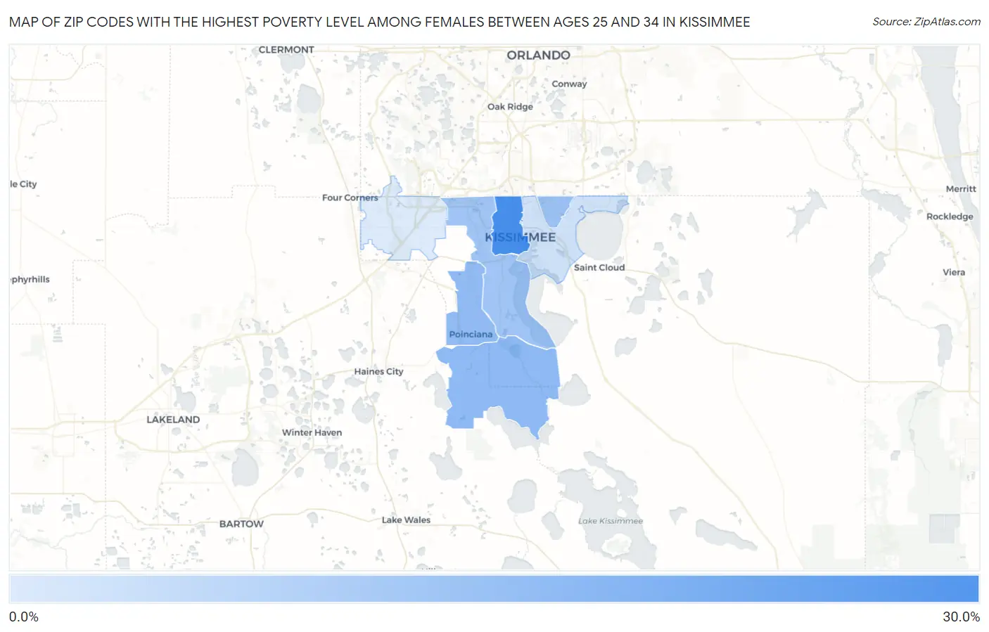 Zip Codes with the Highest Poverty Level Among Females Between Ages 25 and 34 in Kissimmee Map