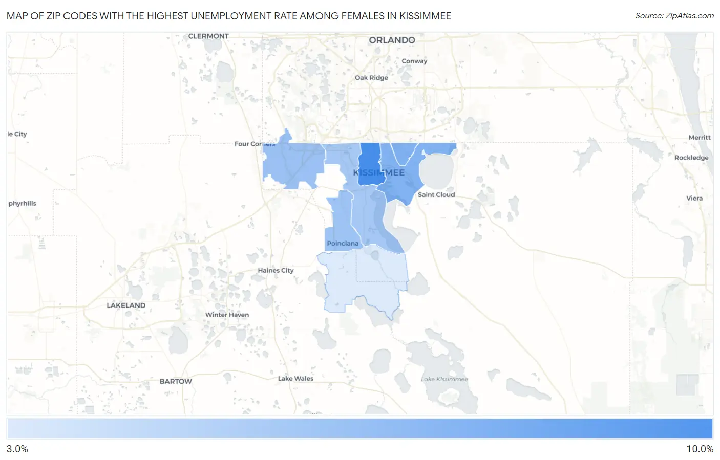 Zip Codes with the Highest Unemployment Rate Among Females in Kissimmee Map