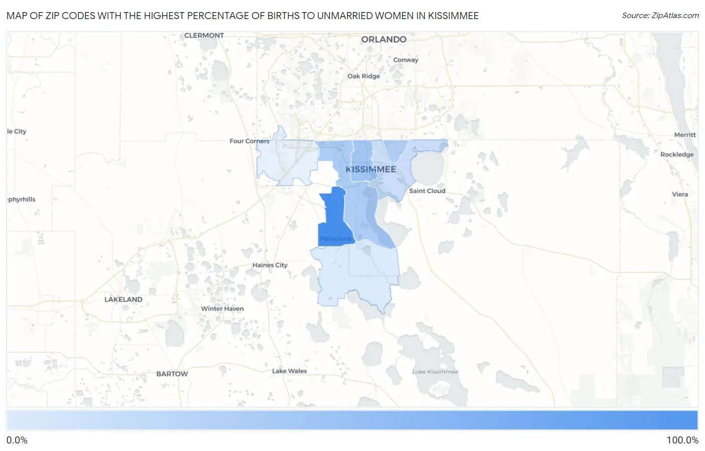 Zip Codes with the Highest Percentage of Births to Unmarried Women in Kissimmee Map