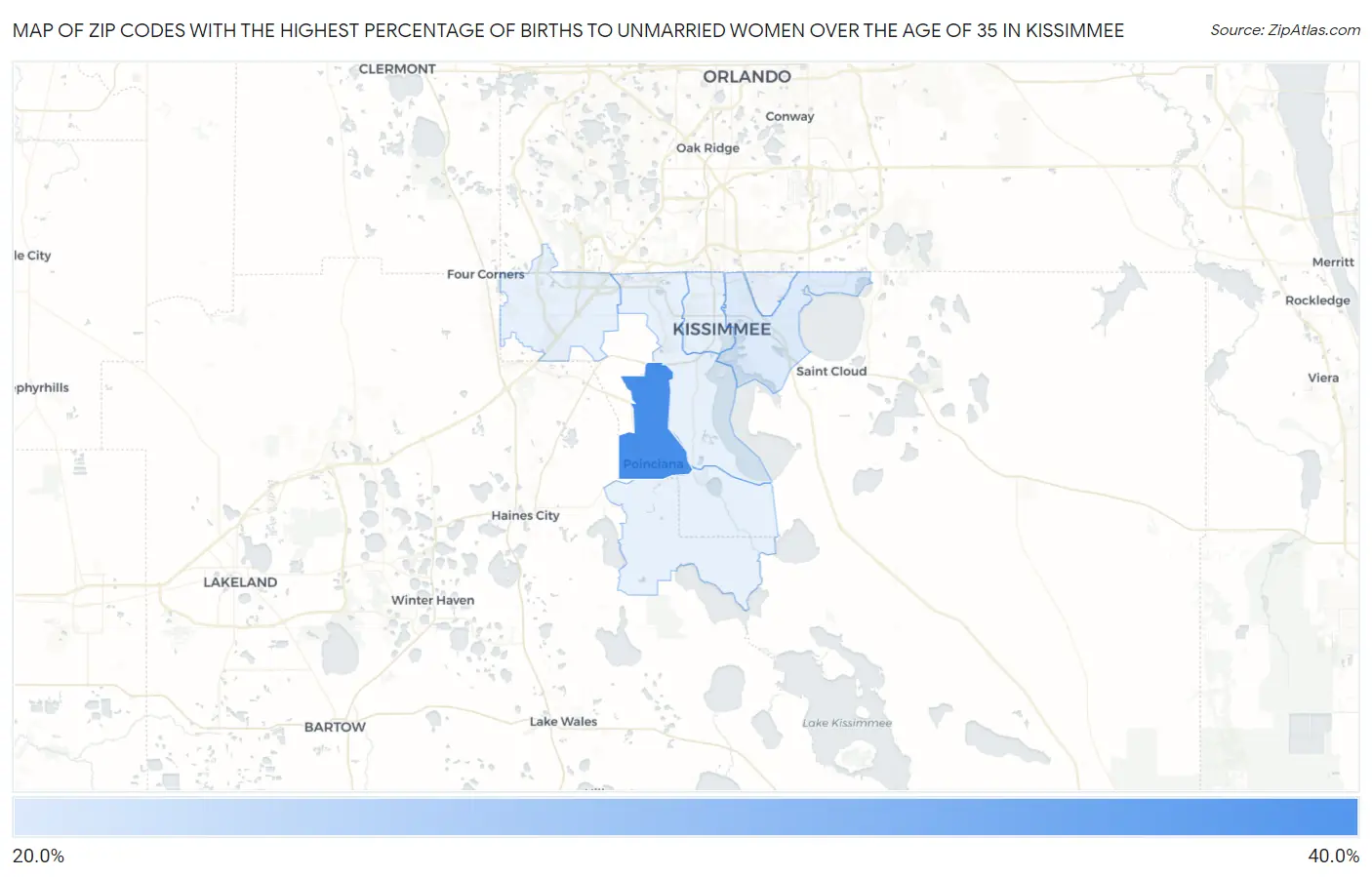 Zip Codes with the Highest Percentage of Births to Unmarried Women over the Age of 35 in Kissimmee Map