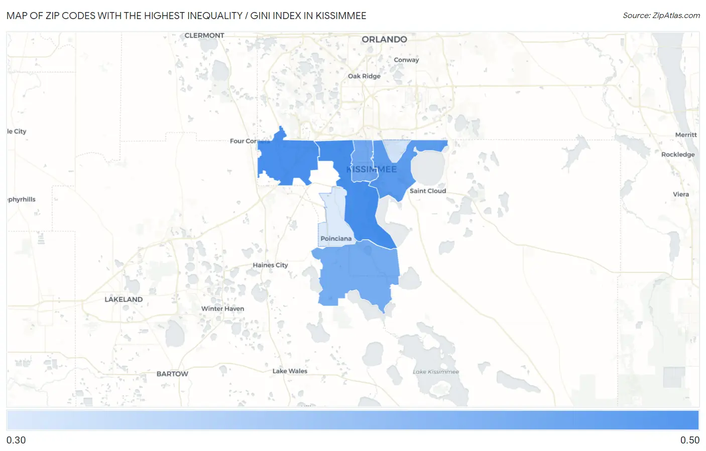 Zip Codes with the Highest Inequality / Gini Index in Kissimmee Map