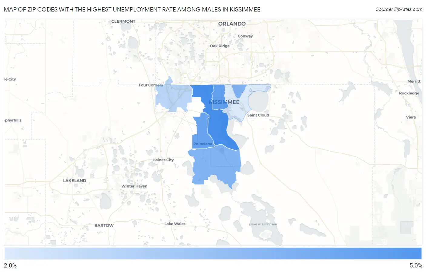 Zip Codes with the Highest Unemployment Rate Among Males in Kissimmee Map