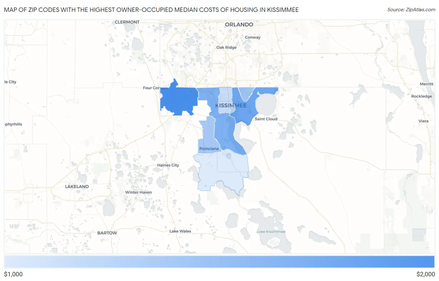 Zip Codes with the Highest Owner-Occupied Median Costs of Housing in Kissimmee Map