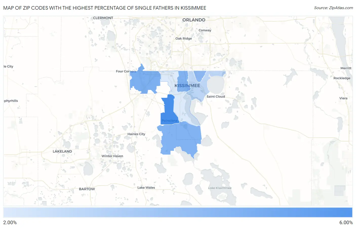 Zip Codes with the Highest Percentage of Single Fathers in Kissimmee Map