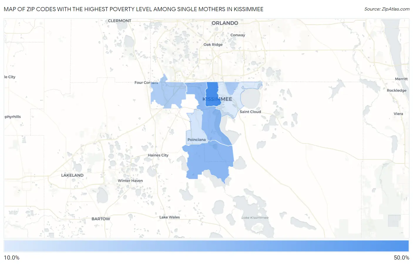 Zip Codes with the Highest Poverty Level Among Single Mothers in Kissimmee Map