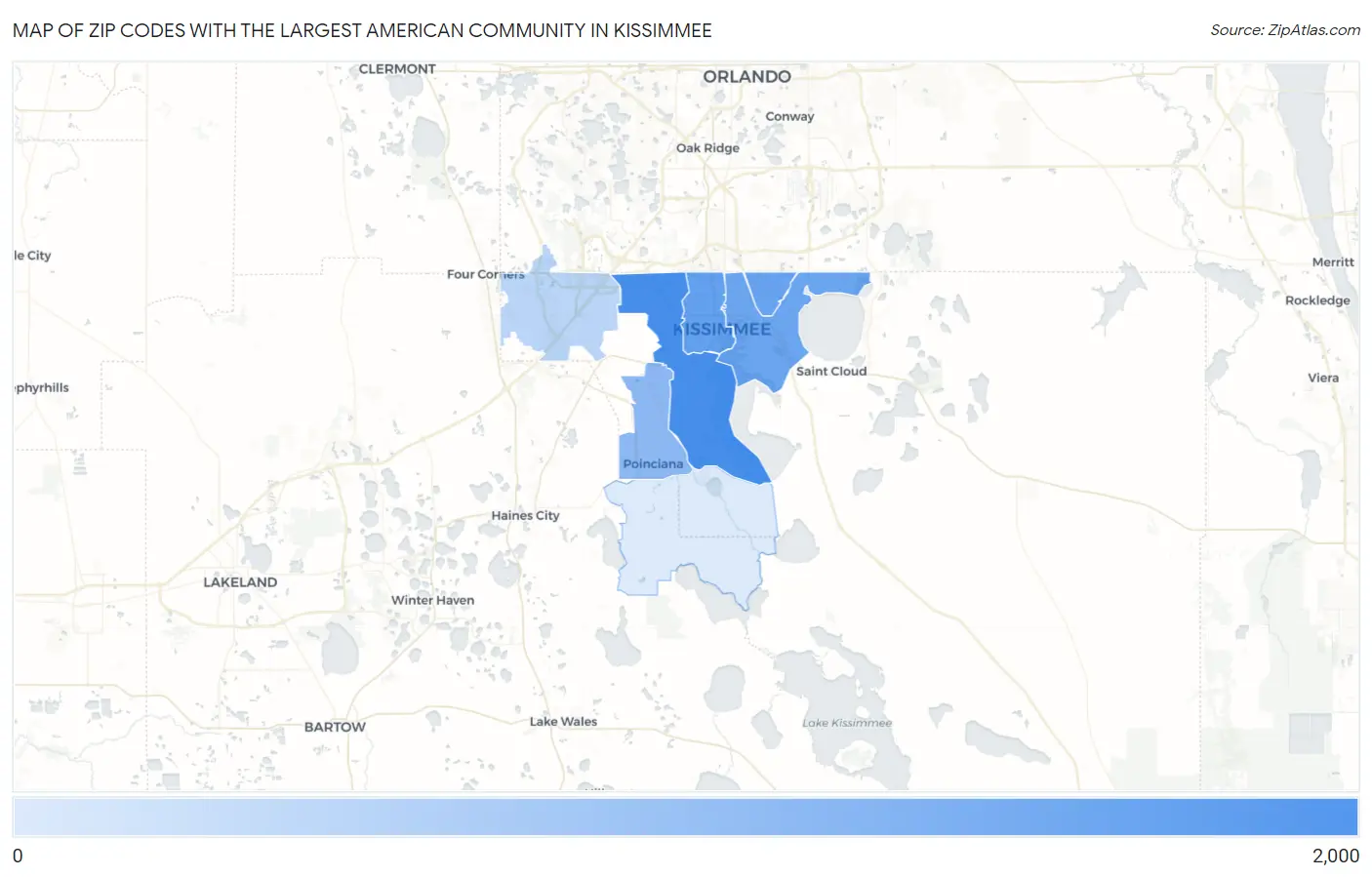Zip Codes with the Largest American Community in Kissimmee Map