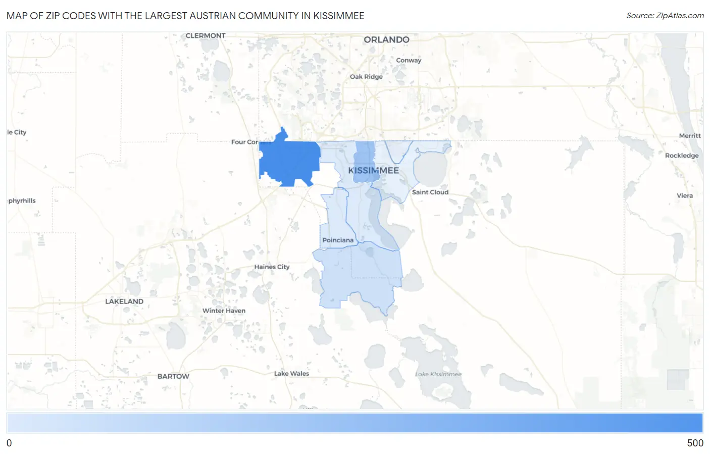 Zip Codes with the Largest Austrian Community in Kissimmee Map