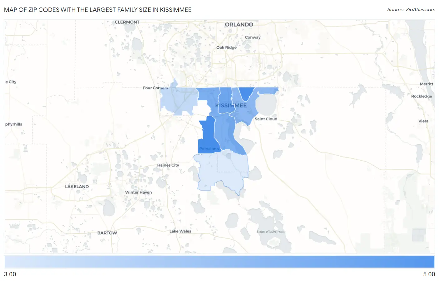 Zip Codes with the Largest Family Size in Kissimmee Map