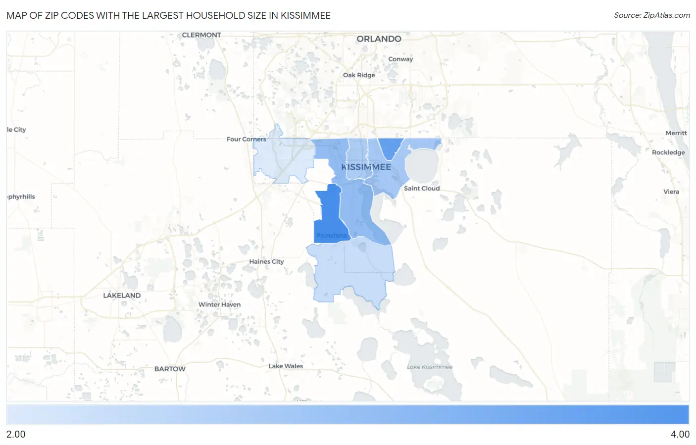 Zip Codes with the Largest Household Size in Kissimmee Map