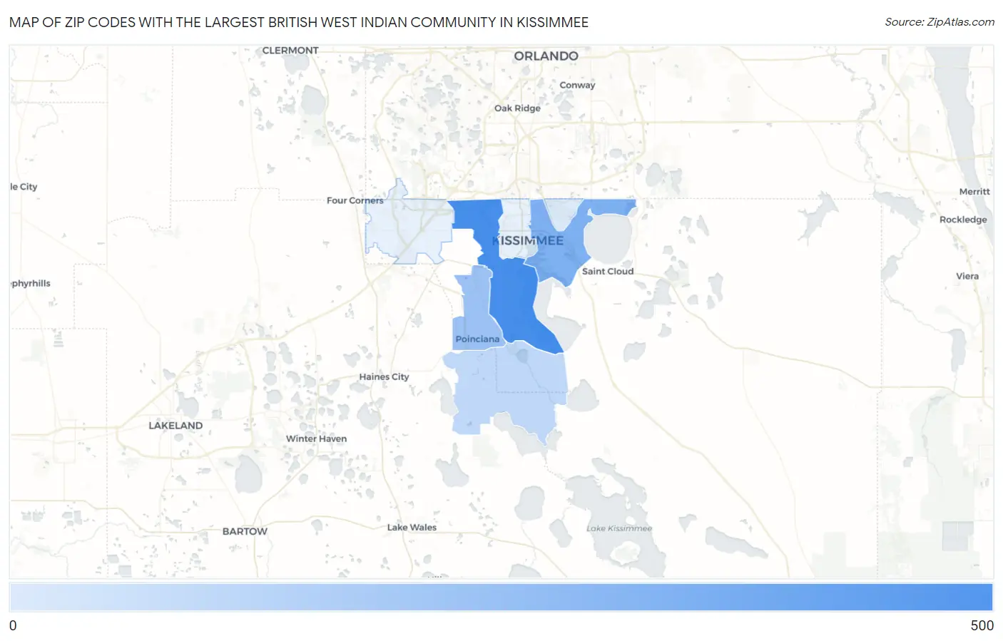 Zip Codes with the Largest British West Indian Community in Kissimmee Map