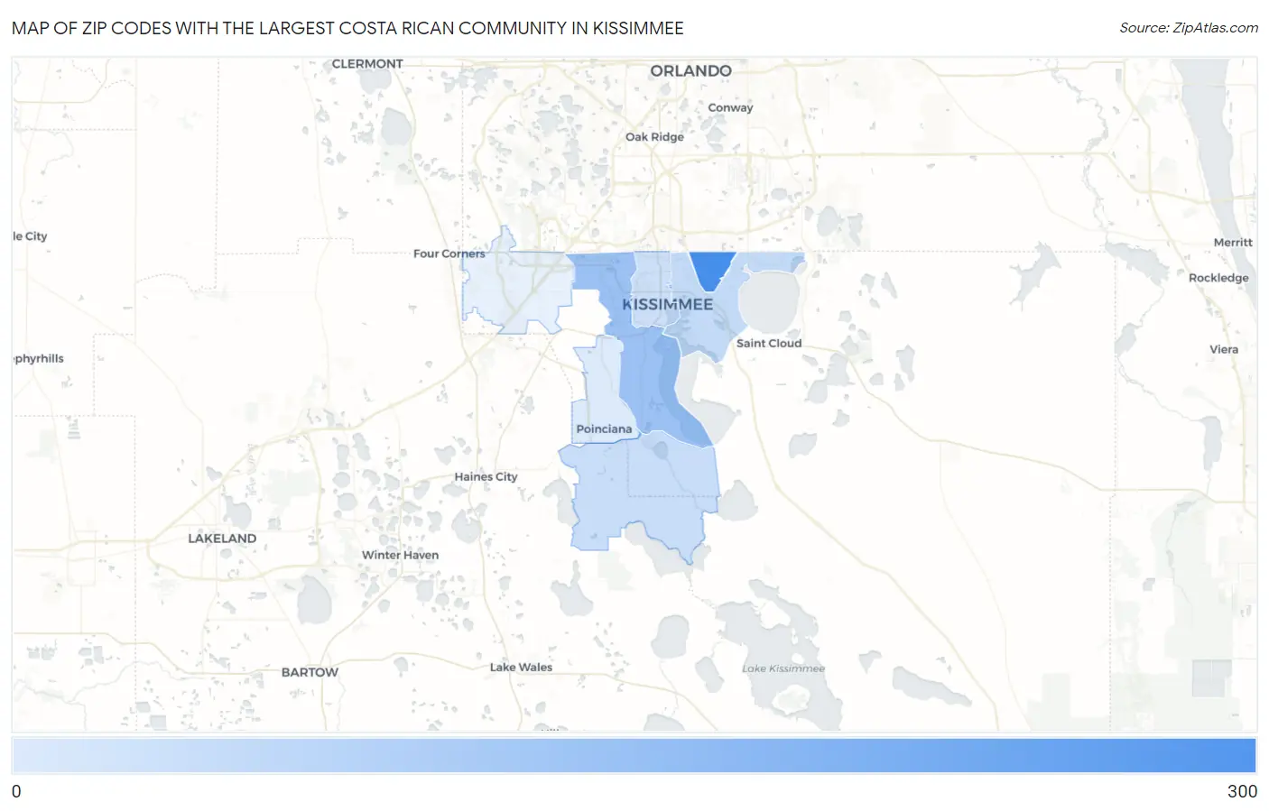 Zip Codes with the Largest Costa Rican Community in Kissimmee Map
