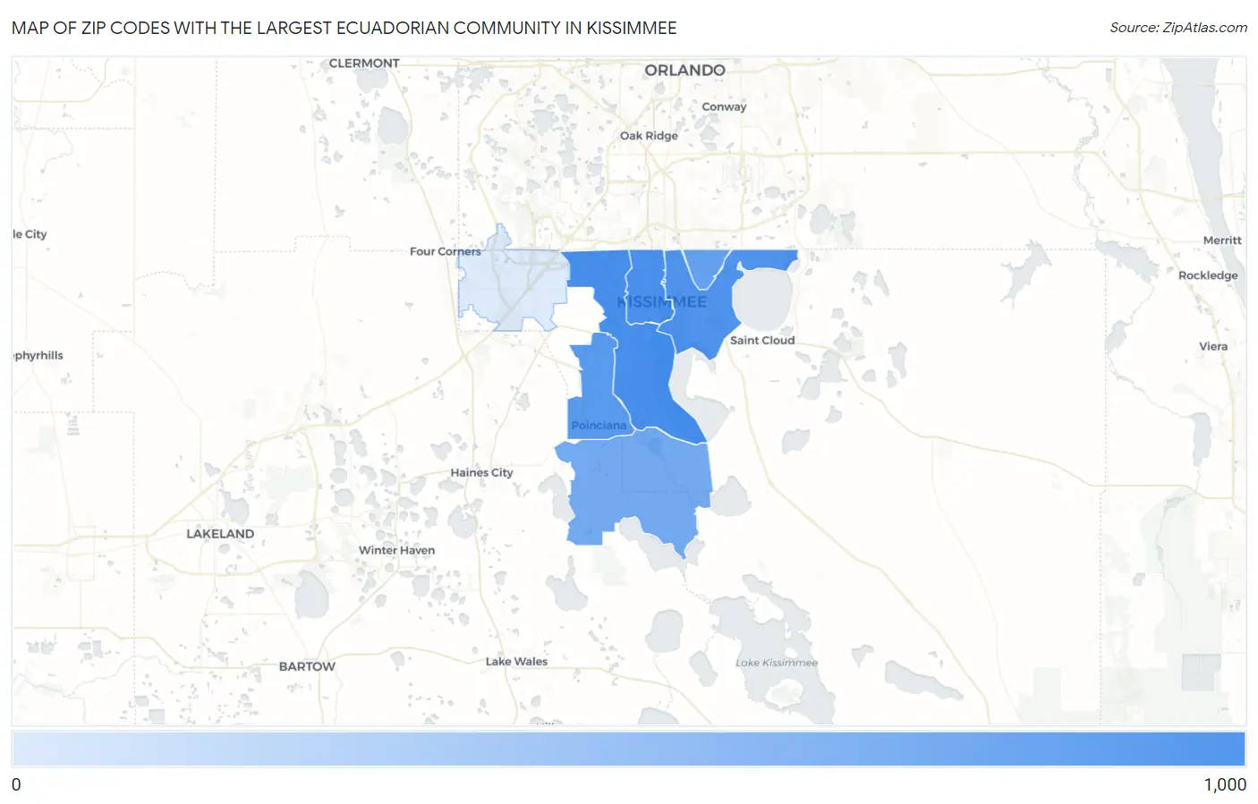 Zip Codes with the Largest Ecuadorian Community in Kissimmee Map