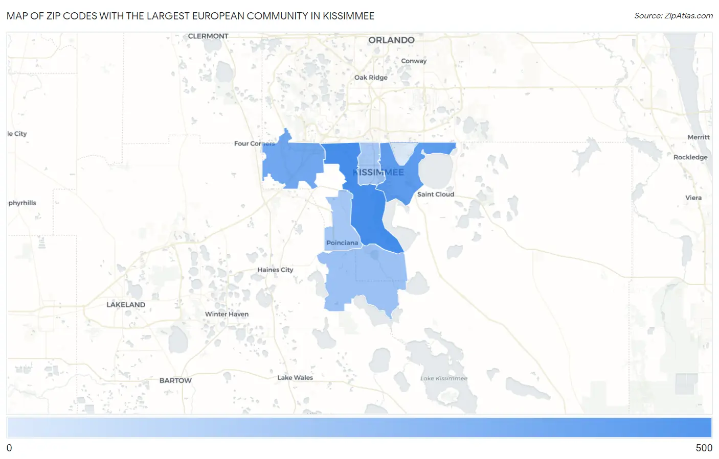 Zip Codes with the Largest European Community in Kissimmee Map