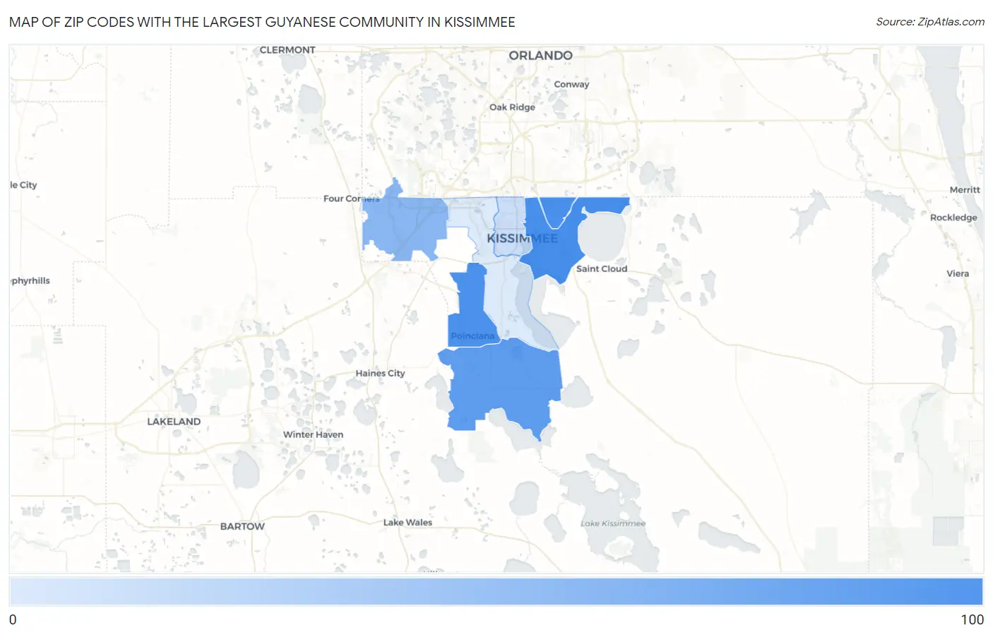 Zip Codes with the Largest Guyanese Community in Kissimmee Map