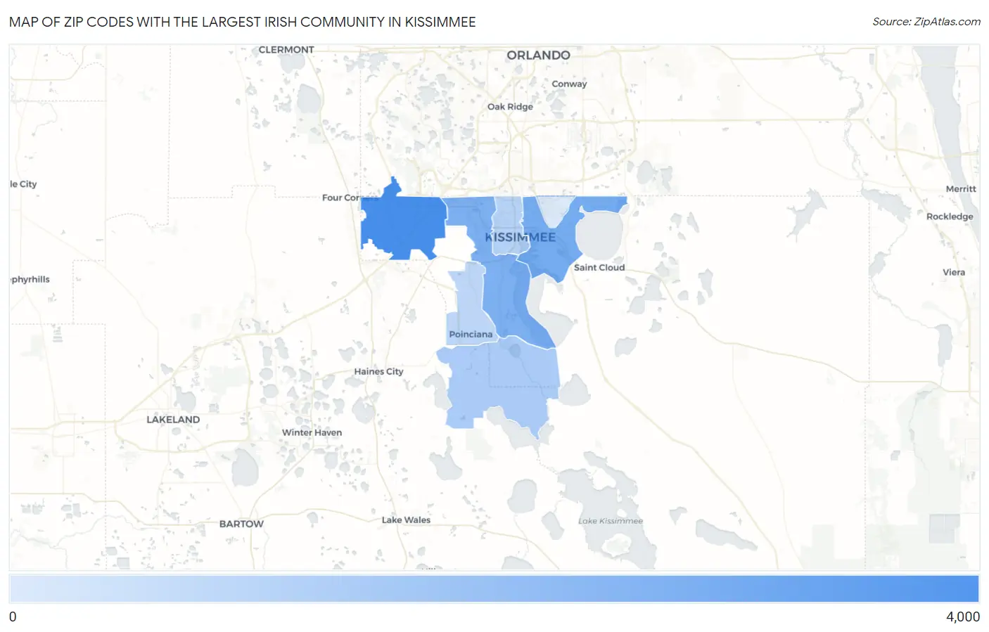 Zip Codes with the Largest Irish Community in Kissimmee Map