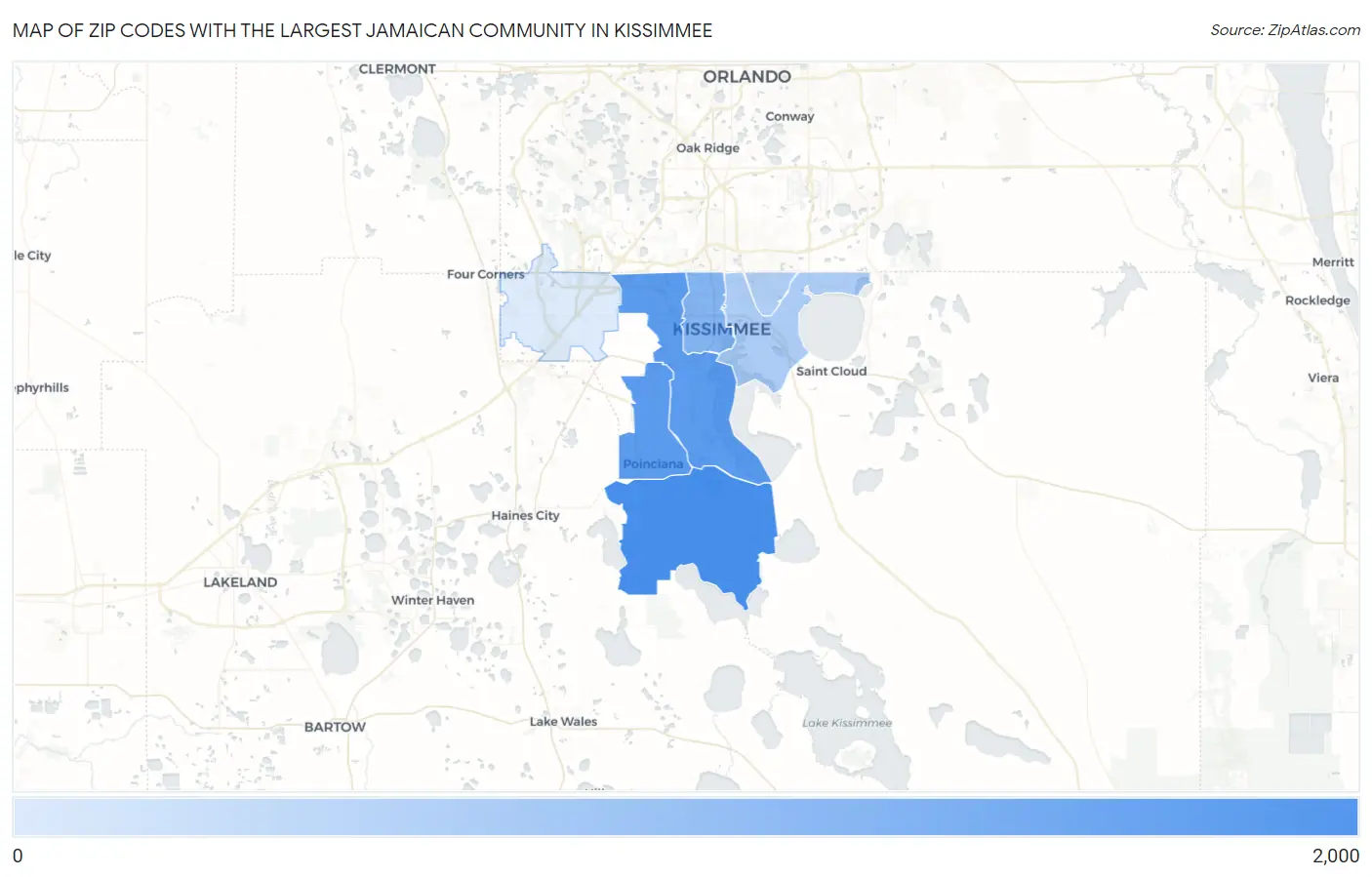 Zip Codes with the Largest Jamaican Community in Kissimmee Map