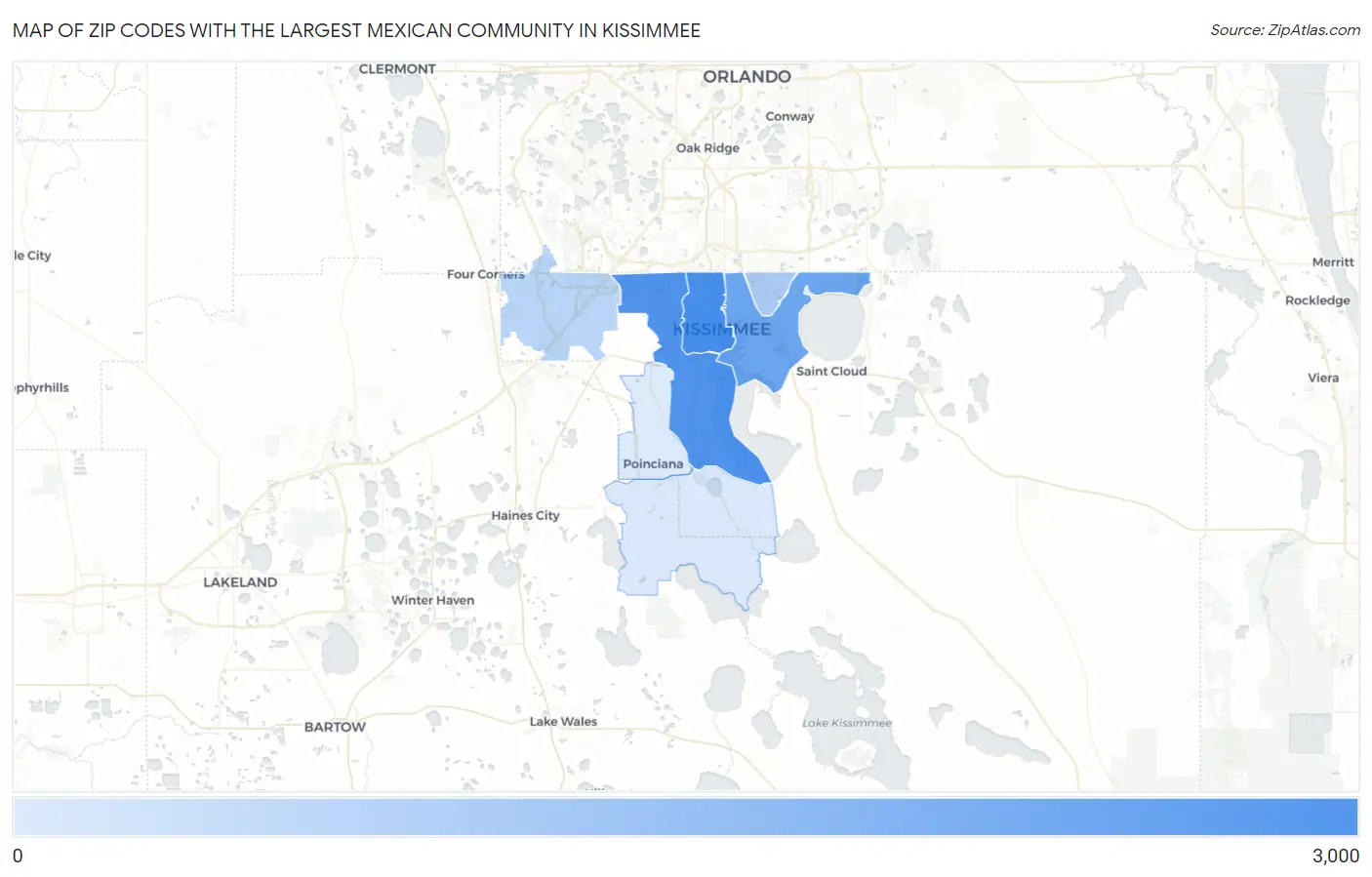 Zip Codes with the Largest Mexican Community in Kissimmee Map